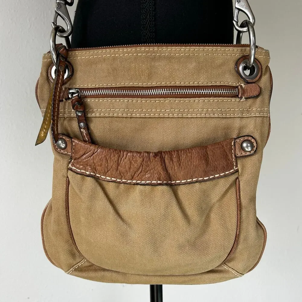 Vintage Fossil Canvas Leather Crossbody Bag Tan Utility Y2K Boho Messenger Purse